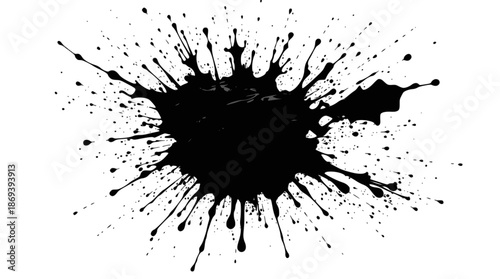 A black ink splatter with many thin, sharp tendrils radiating outwards from a central blob on a white background.