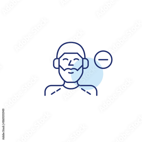 Man in headphones listening to music or podcast and minus. Subscription cancelled, audio unavailable. Pixel perfect, editable stroke vector icon
