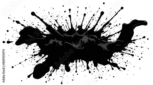A dynamic black ink splash exploding outwards against a white background, creating a chaotic and abstract pattern.