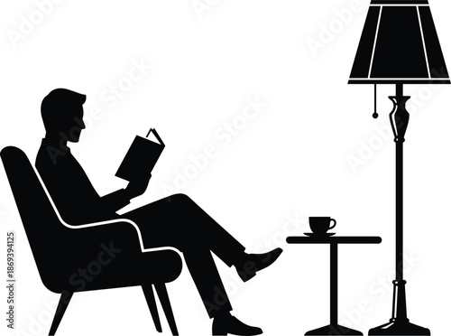 Man reading book silhouette, relaxed home interior scene, leisure lifestyle concept, comfortable chair lamp coffee, isolated black vector illustration