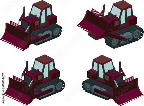 Isometric bulldozer illustration set, construction heavy equipment, crawler tractor with blade, industrial machinery, earthmoving vehicle, flat vector design