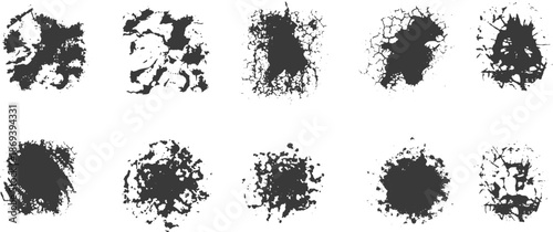 Grunge ink blot texture set with rough splatter stains and cracked edges. Black abstract paint marks isolated on white create a distressed organic look. Ideal for grunge design, overlays, posters, 