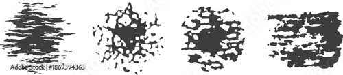 Grunge ink blot texture set with rough splatter stains and cracked edges. Black abstract paint marks isolated on white create a distressed organic look. Ideal for grunge design, overlays, posters, 