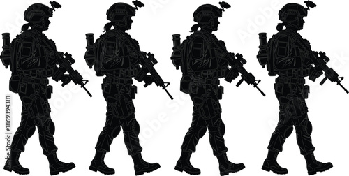 Silhouettes of Armed Tactical Soldiers Marching in Formation with Night Vision Gear and Rifles – Military Combat Vector Art