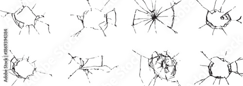 Broken glass crack impact set with shattered bullet hole damage textures. Radial fracture lines and spiderweb breaks isolated on white background. Ideal for crime scenes, destruction effects, overlays