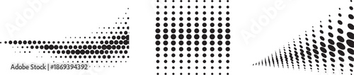 Abstract halftone dot gradient set with fading perspective patterns. Black geometric dots transition smoothly across white space creating depth and motion. Ideal for modern backgrounds, print design, 