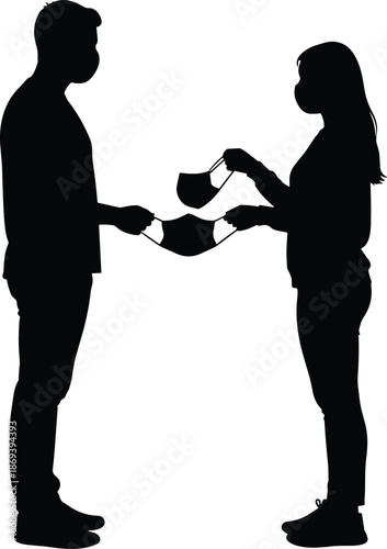Couple exchanging face masks silhouette illustration man and woman safety awareness social responsibility health protection black vector design