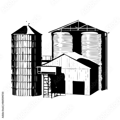 Industrial Agricultural Grain Silo and Storage Warehouse Vector Illustration Isolated on White Background for Farming and Agribusiness