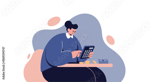 Man Using Calculator at Desk.