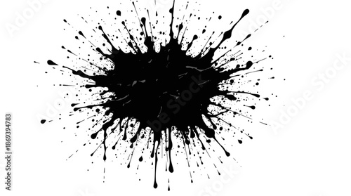 A black ink splatter with many thin, sharp tendrils radiating outwards on a white background.