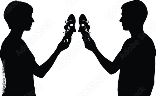 Couple holding theatrical masks silhouette illustration man and woman facing identity contrast emotion concept black vector design