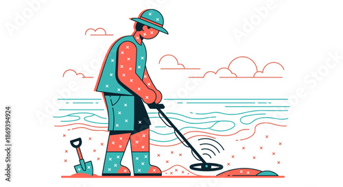 Man Using Metal Detector on Beach.