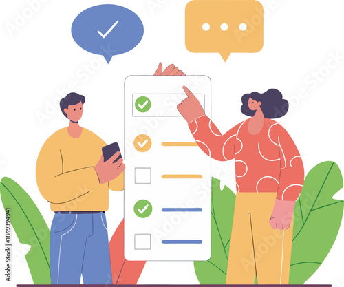 Task management checklist teamwork approval workflow flat vector illustration