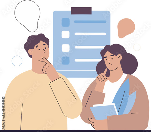 Business decision making and teamwork concept with people thinking and checklist flat vector illustration