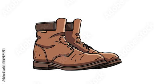 Stylized Illustration of Classic Brown Hiking Boots with Detailed Laces and Leather Texture Showcasing Outdoor Footwear Design for Adventure