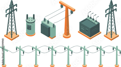 Isometric electrical infrastructure icons set, power poles pylons transformers, electricity transmission and distribution network, utility grid elements, vector illustration