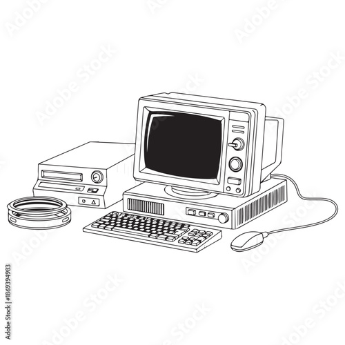 Retro Personal Computer Setup Vector Line Art Illustration on White
