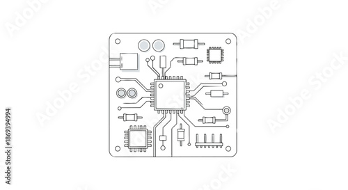 Detailed electronic circuit board with various components including microchips resistors and capacitors in a minimalist line drawing suitable for