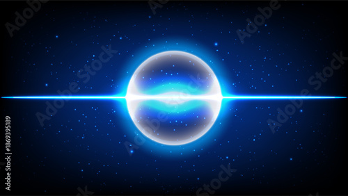 Futuristic abstract background featuring glowing blue energy sphere, horizontal light beam, star particles and cosmic sci-fi atmosphere