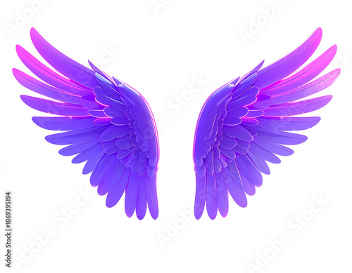 Rendered, stylized wings in violet and pink hues, against black