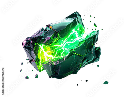 Fractured gem emitting vibrant, luminous green energy on a black backdrop