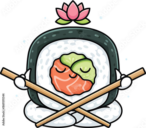 Funny Sushi Roll Zen Meditation Clipart With Chopsticks For Mindful Food Branding And Playful Lifestyle Design