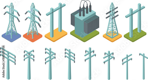 Isometric electrical infrastructure icons set, power poles transmission towers transformers, electricity distribution network, utility grid elements, modern energy vector illustration