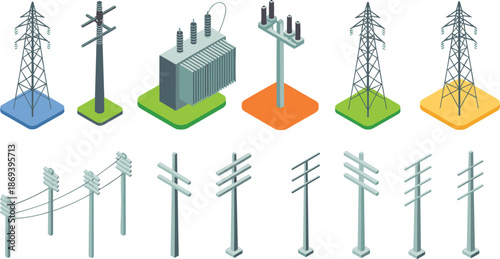 Isometric electrical infrastructure icons set, power poles transmission towers transformers, electricity distribution network, utility grid elements, modern energy vector illustration