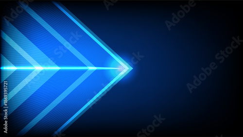 Futuristic abstract background with glowing blue left arrow, light streaks and speed motion lines representing direction and technology