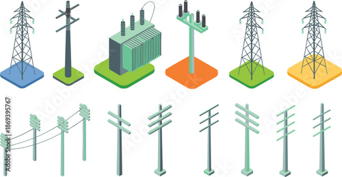 Isometric electrical infrastructure icons set, power poles transmission towers transformers, electricity distribution network, utility grid elements, modern energy vector illustration