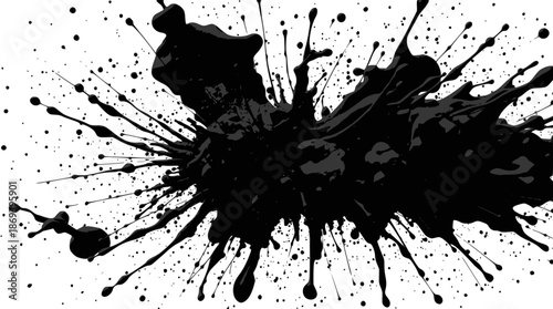 A dynamic black ink splash exploding outwards against a stark white background, creating a sense of chaotic energy and abstract art.