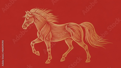 Running horse with golden lines on red background dynamic motion animal illustration with golden horse and line drawing and equine and artistic