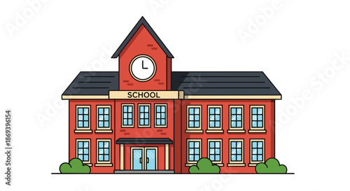 illustration of a classic red brick school building with clock tower and wide entrance digital drawing