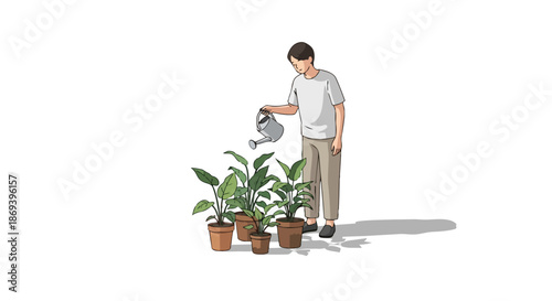 Young person tending to potted plants with watering can arranged in a line creating a serene gardening scene emphasizing care and plant growth over