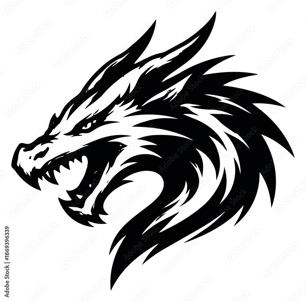 Fototapeta premium Fierce line art illustration of a dragon head depicting power and aggression for fantasy and logo designs