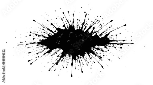 A black ink splatter with many small droplets radiating outwards on a white background.