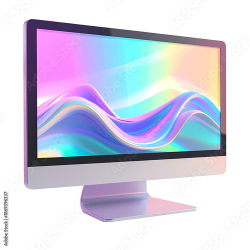 Angled computer display showing a fluid, colorful, abstract digital design