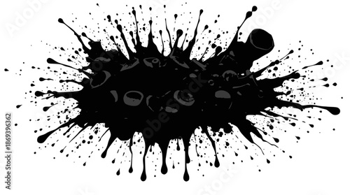 A dynamic black ink splash with a central object resembling a tank or industrial machinery.