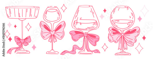 Cocktail glasses with pink bows and sparkles. Elegant glassware collection of coupes and wine glasses adorned with decorative ribbons in vintage line art style for Valentine Day party invitations.