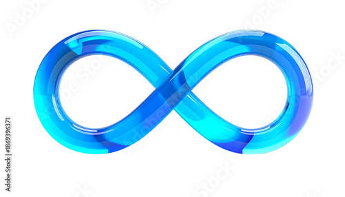 Blue glass infinity symbol, reflections, on black background