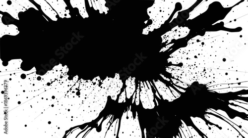 A dynamic abstract black ink splash exploding outwards on a white background.