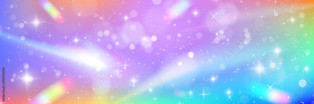 Fototapeta premium Rainbow gradient background with unicorn sparkles and glittering bokeh. Dreamy princess backdrop with kawaii stars, magical watercolor effect and fairy tale atmosphere for fantasy childish designs.