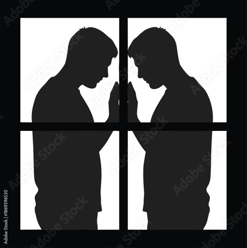 Lonely man silhouette facing his own reflection through window symbolizing self reflection depression isolation mental health concept vector illustration