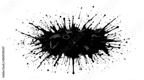 A dynamic black ink brush stroke with splatters on a white background, evoking a sense of movement and artistic expression.