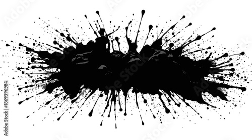 A dynamic black ink splatter with numerous droplets radiating outwards on a clean white background, creating an abstract grunge effect.