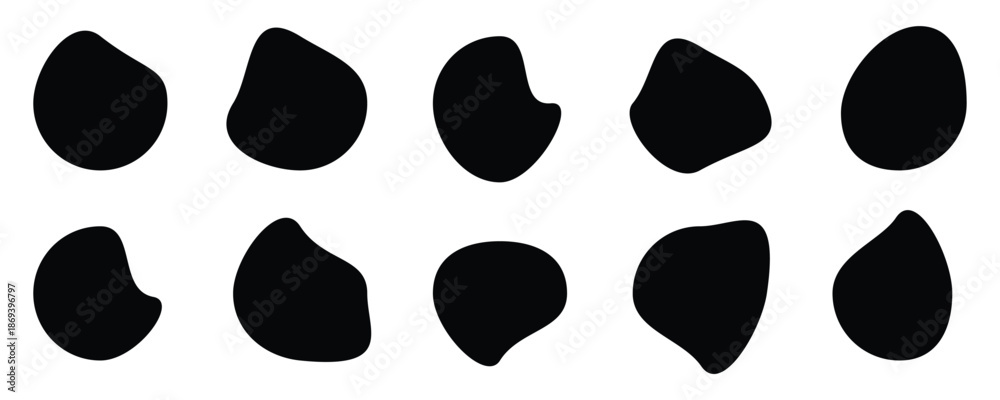 Fototapeta premium Abstract black irregular blob shapes set. Organic random liquid forms in flat style. Organic blob shape isolated on white background. An arrangement of black organic shapes.