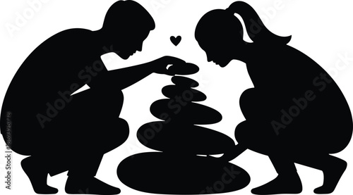 Loving couple balancing stones silhouette illustration man and woman teamwork harmony concept black vector design for relationship meditation