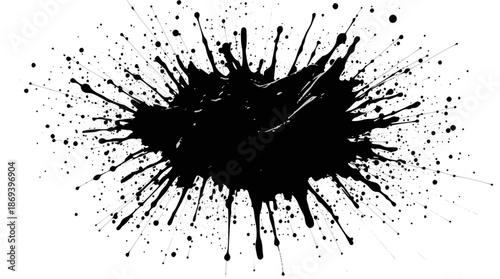 A dramatic black ink splatter with numerous droplets and streaks radiating outwards on a clean white background, creating an abstract and dynamic visual.