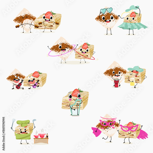 Funny Characters Turkish Tavuk Gogsu, Gullach, dessert, Eastern sweets. Hand drawn vector illustration.