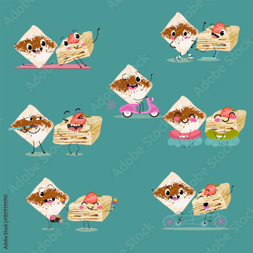 Funny Characters Turkish Tavuk Gogsu, Gullach, dessert, Eastern sweets. Hand drawn vector illustration.